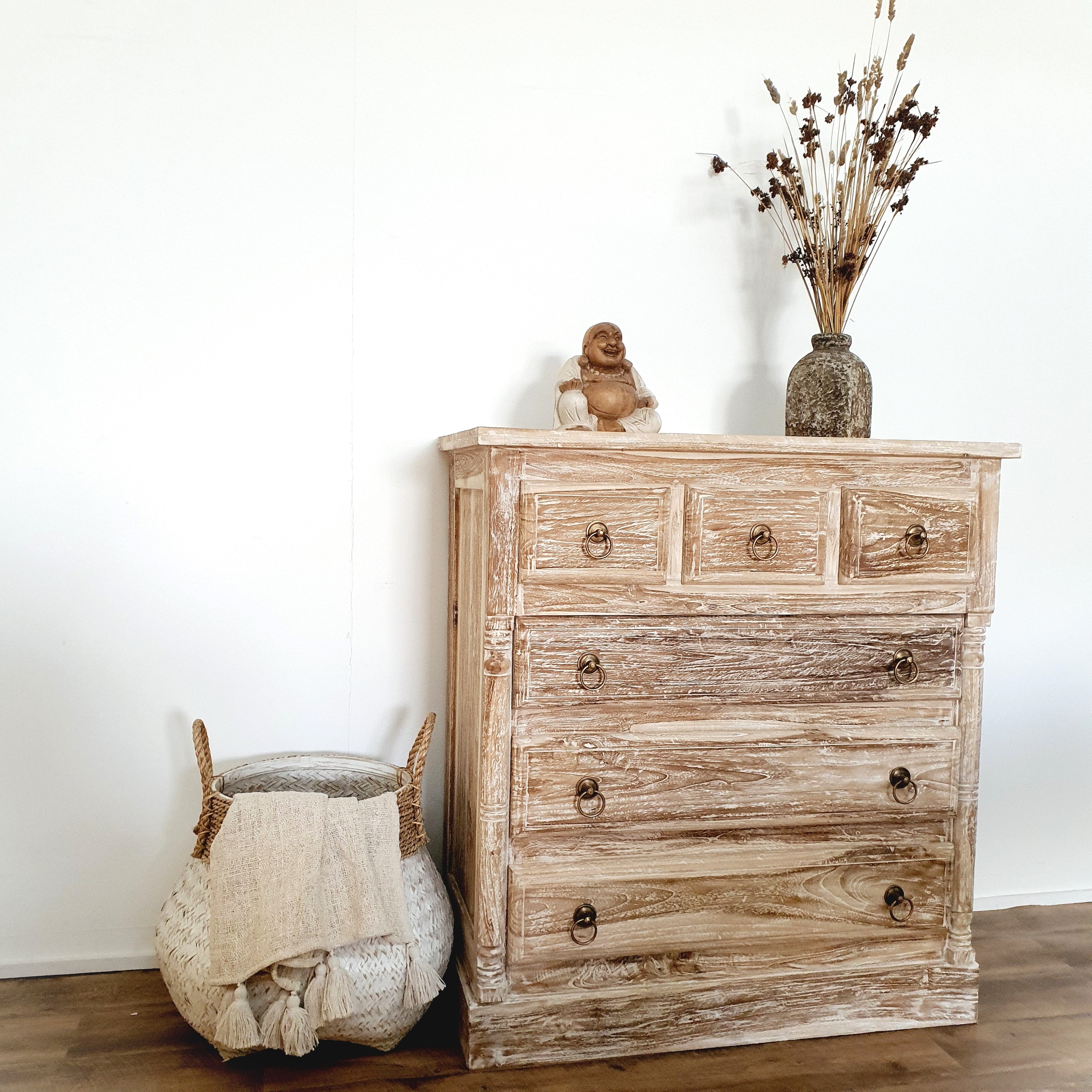 CLASSIC Hand Carved Drawer Tallboy White Wash – Bali Abundance
