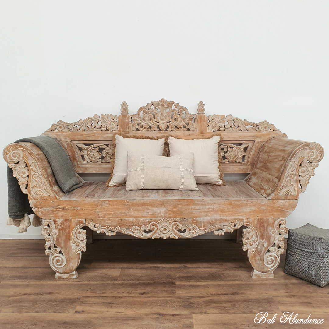 *Balinese Hand Carved Daybed with Rolled Arms Whitewash