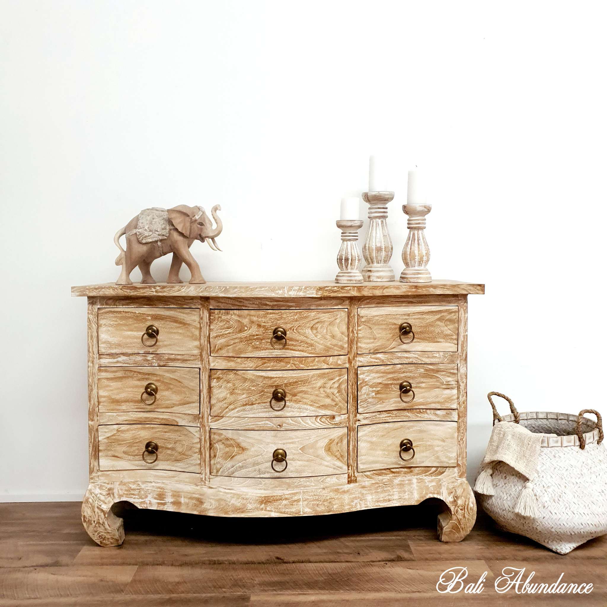 OPIUM 9 Drawer Hand Carved Tallboy WHITEWASH