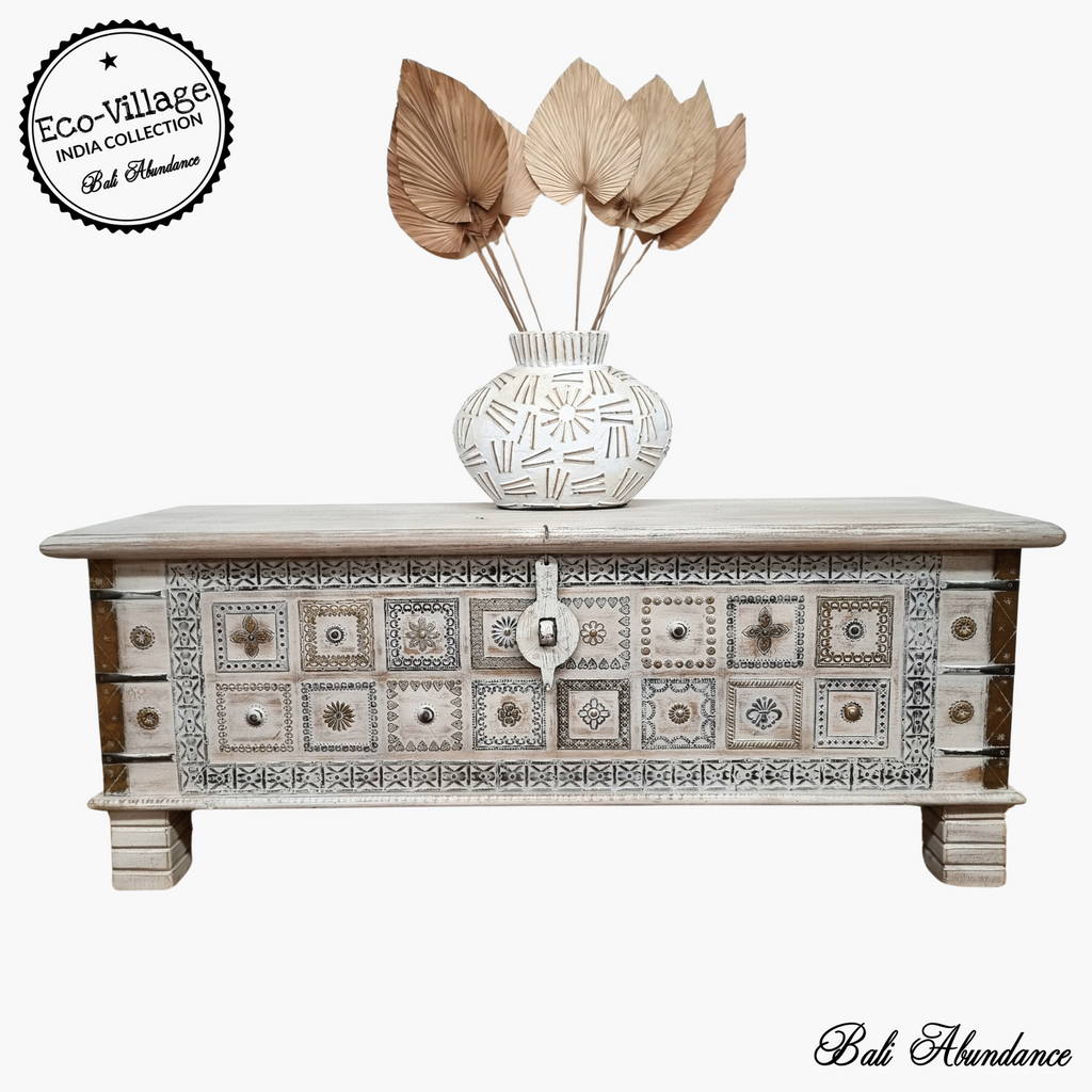 indian whitewash pressed metal storage trunk blanket box