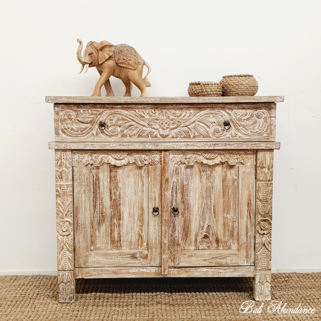 hand carved whitewash small cupboard sideboard