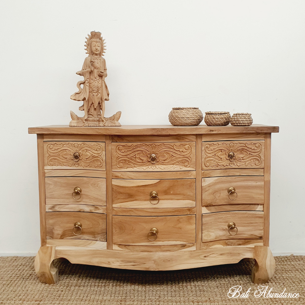 hand carved teak raw tallboy dresser
