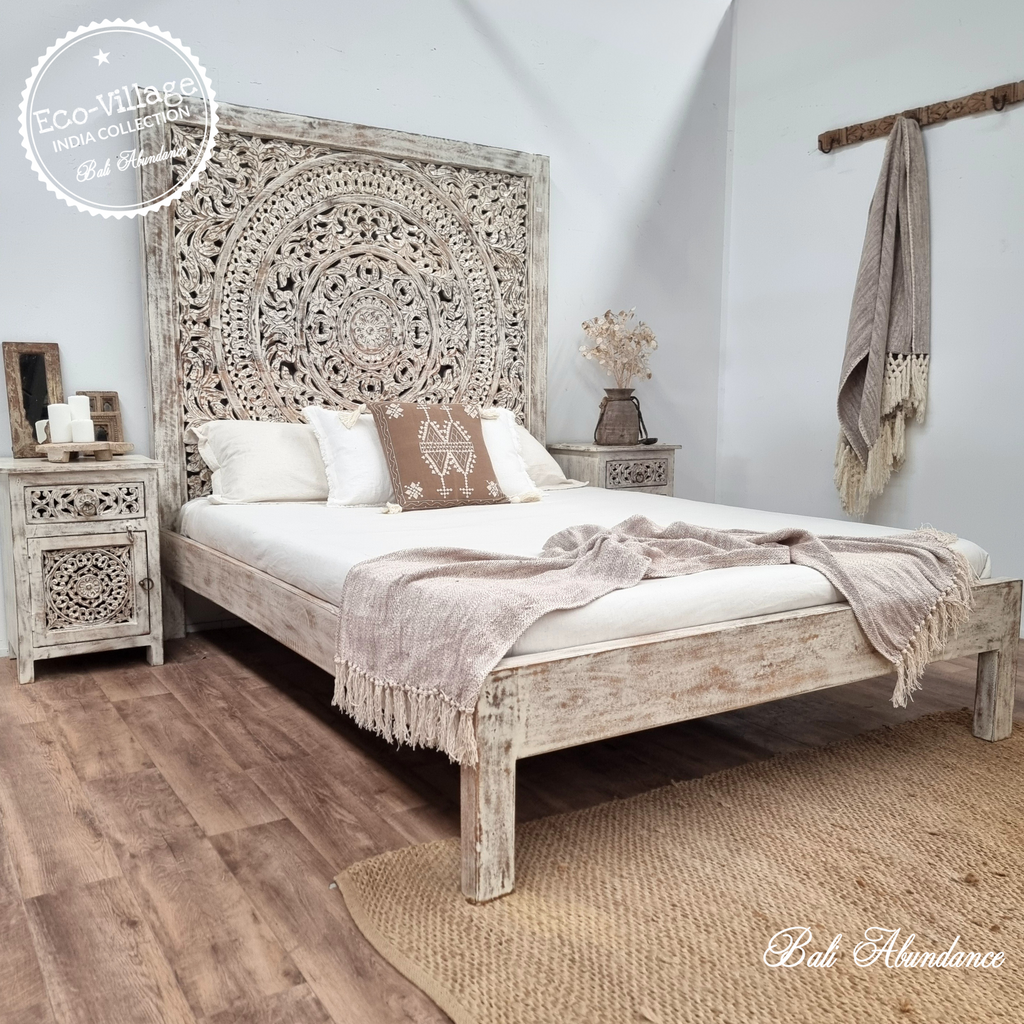 hand carved mango wood panel bed whitewash