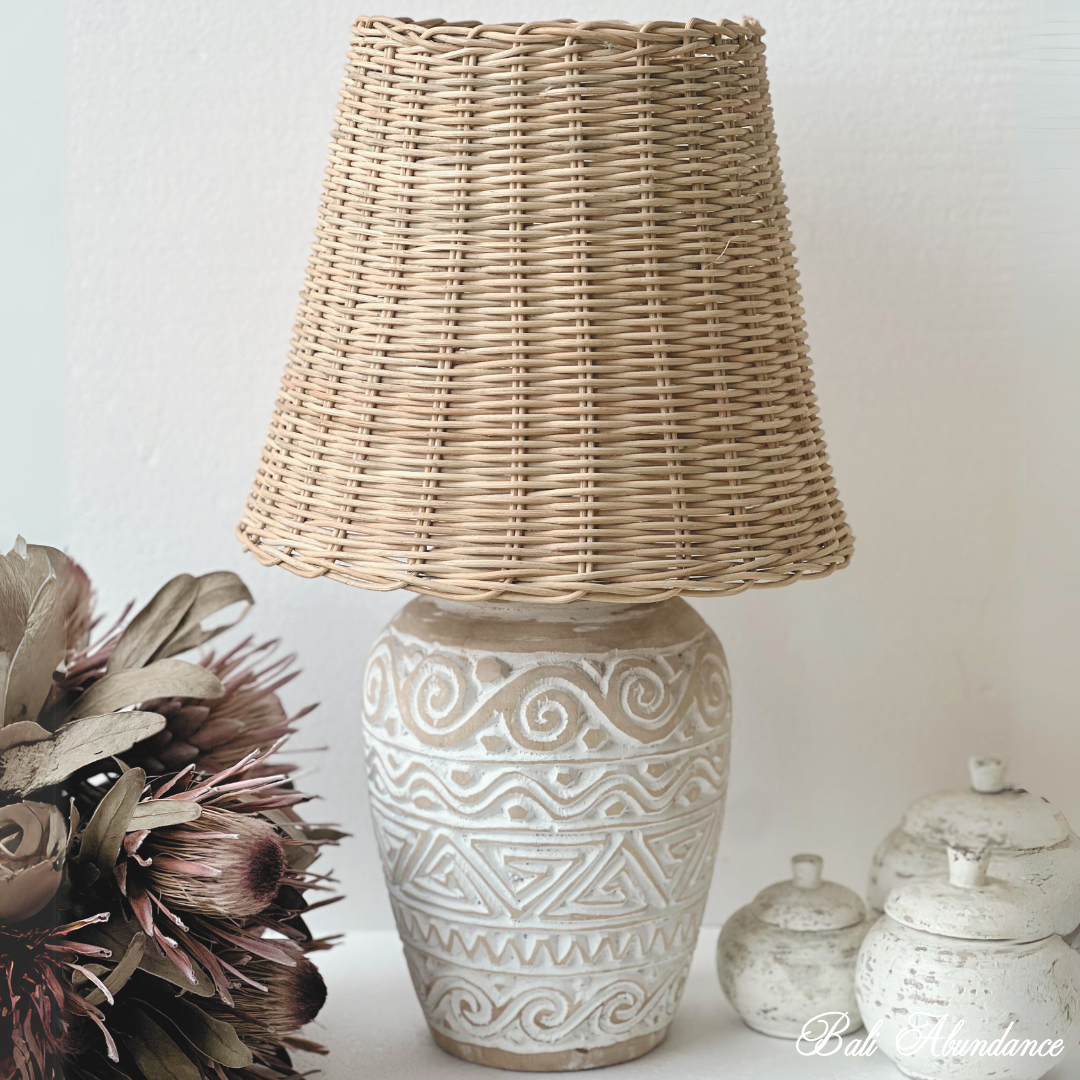 Hand Carved Wood Rattan Lamp Whitewash Bali Abundance