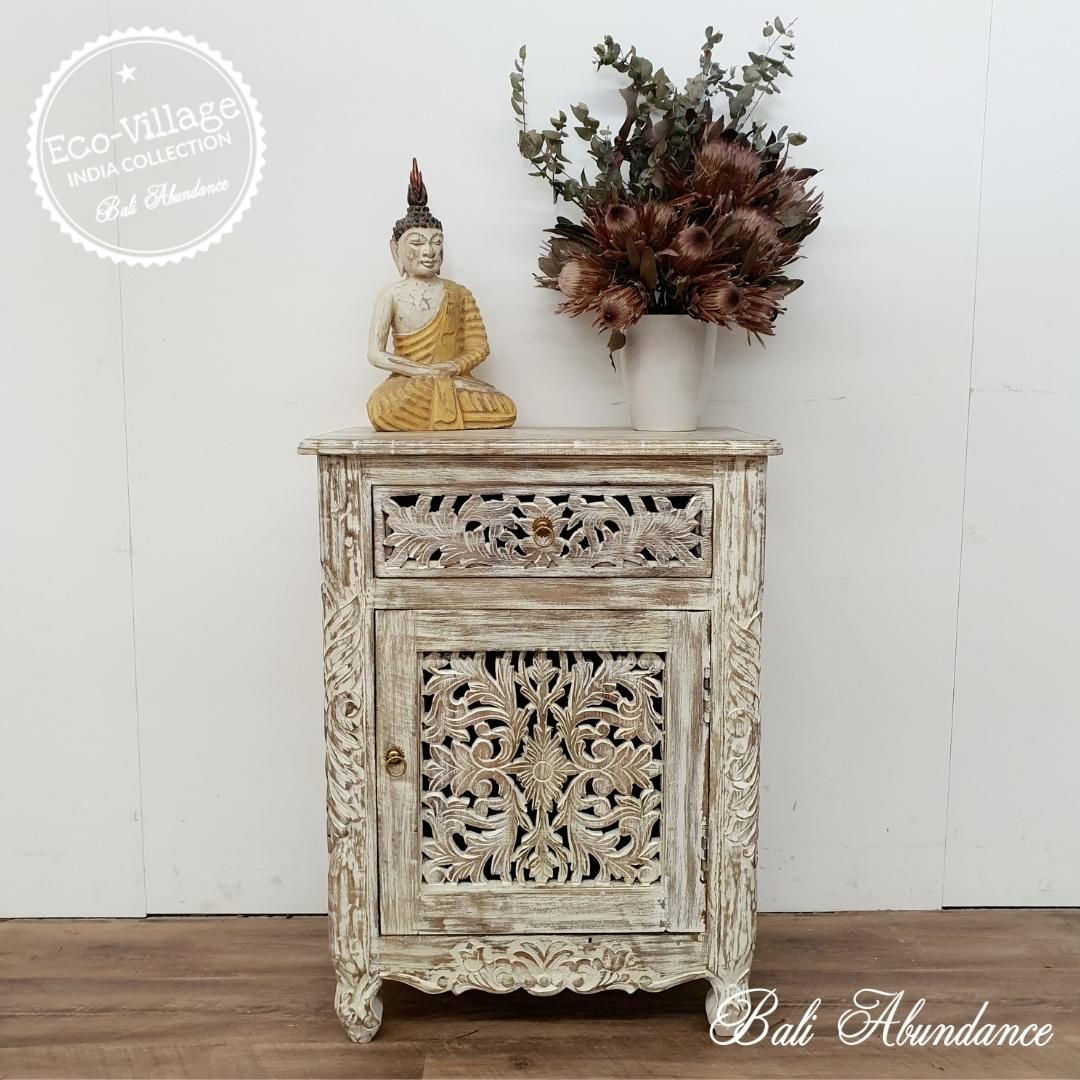 *Rani Indian Hand Carved Bedside Table Whitewash - Eco Village Collect ...