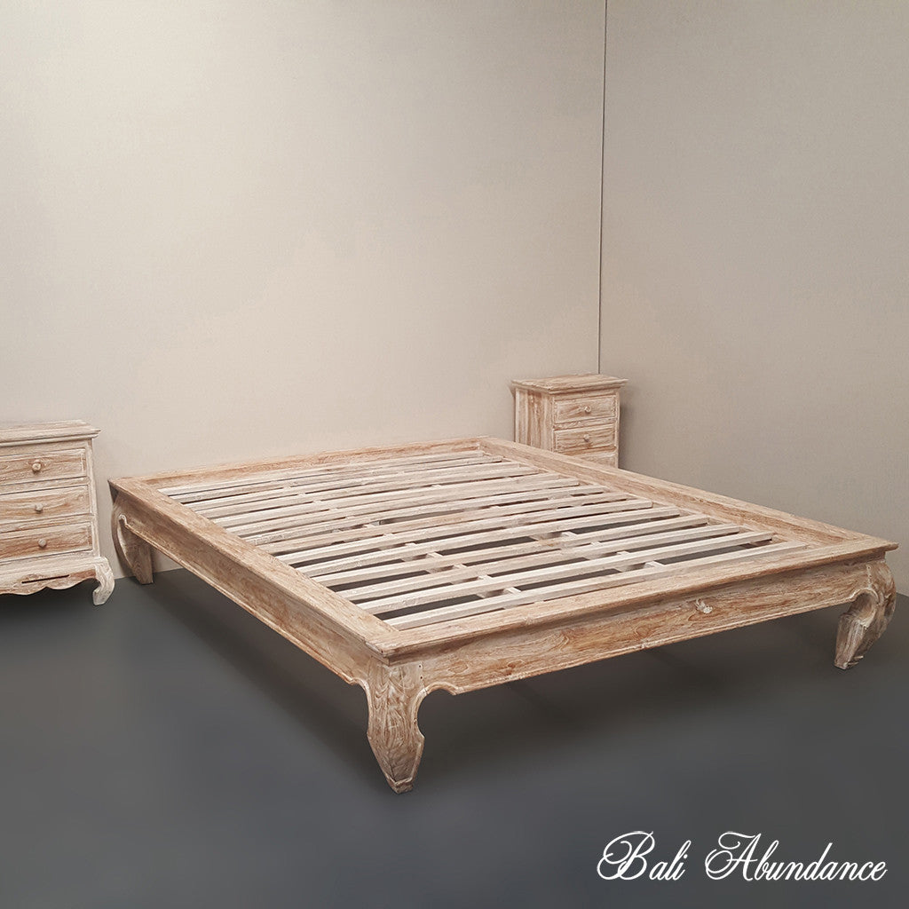 Minimalistic Hand Carved Teak Bed Frame Bali whitewash 